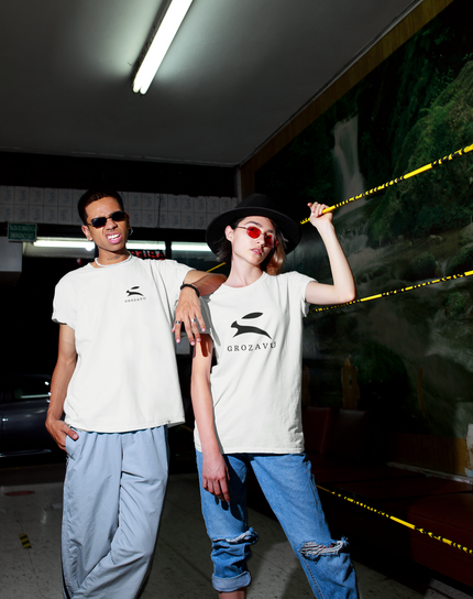 Two models wearing Grozavu white T-shirts with bunny logo – unisex premium streetwear from Barcelona