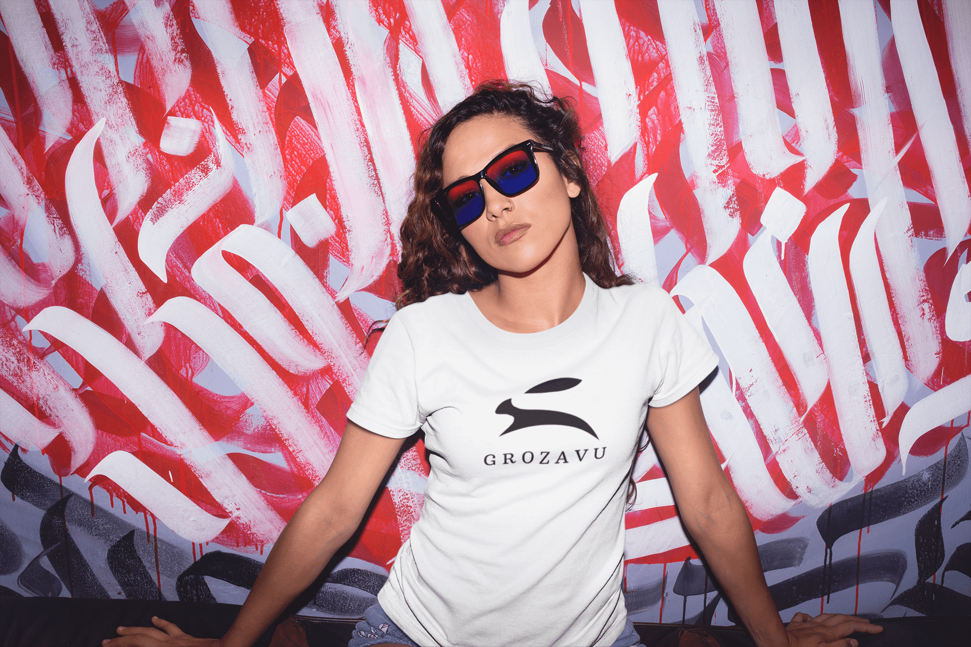 Grozavu founder in Barcelona studio with original bunny logo and premium cotton pieces”  Image file