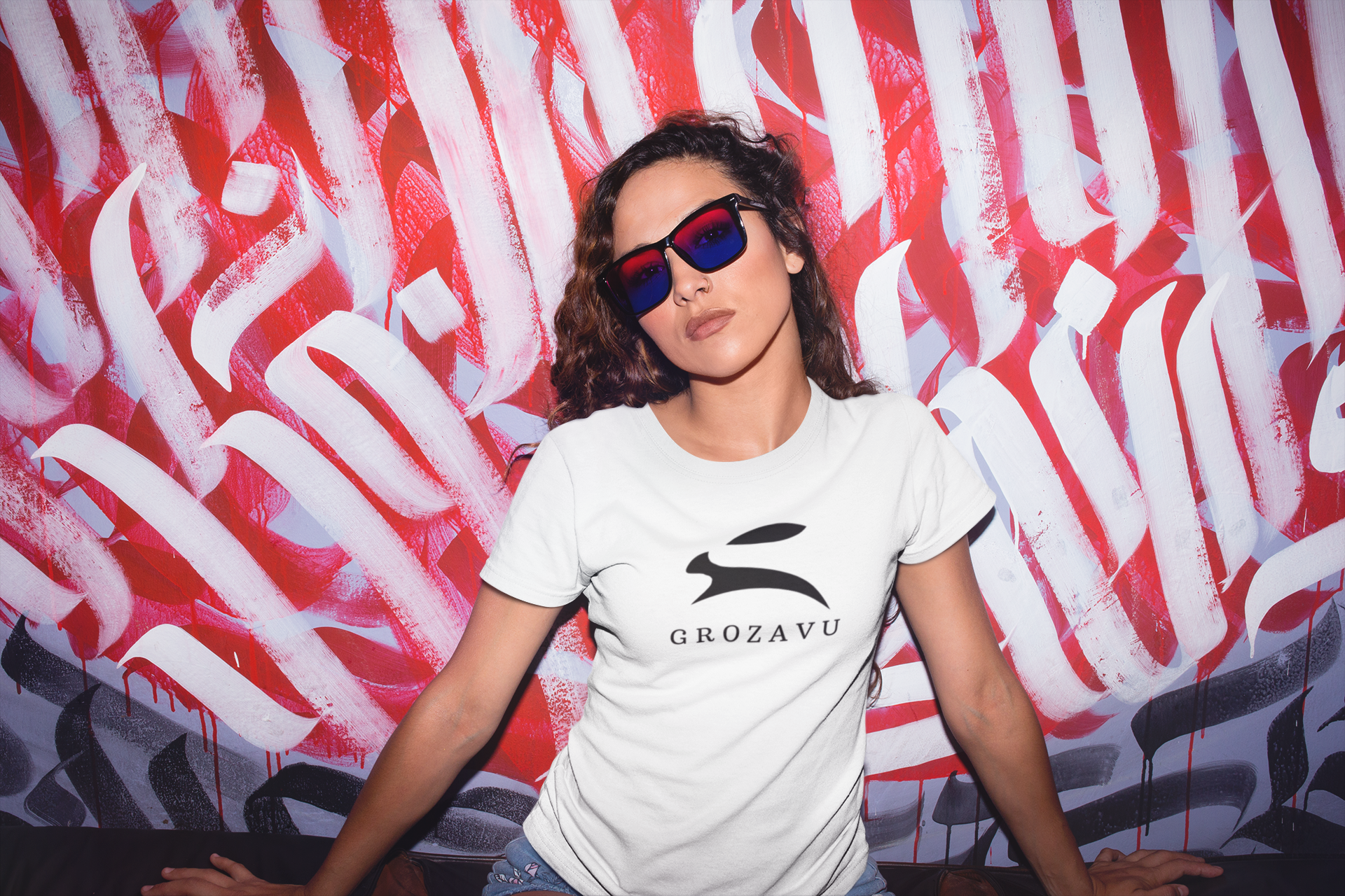 Grozavu founder in Barcelona studio with original bunny logo and premium cotton pieces”  Image file