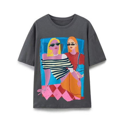 Fashionable printed round neck T-shirt with vibrant graphic of women, short-sleeved, made from relaxed organic cotton.