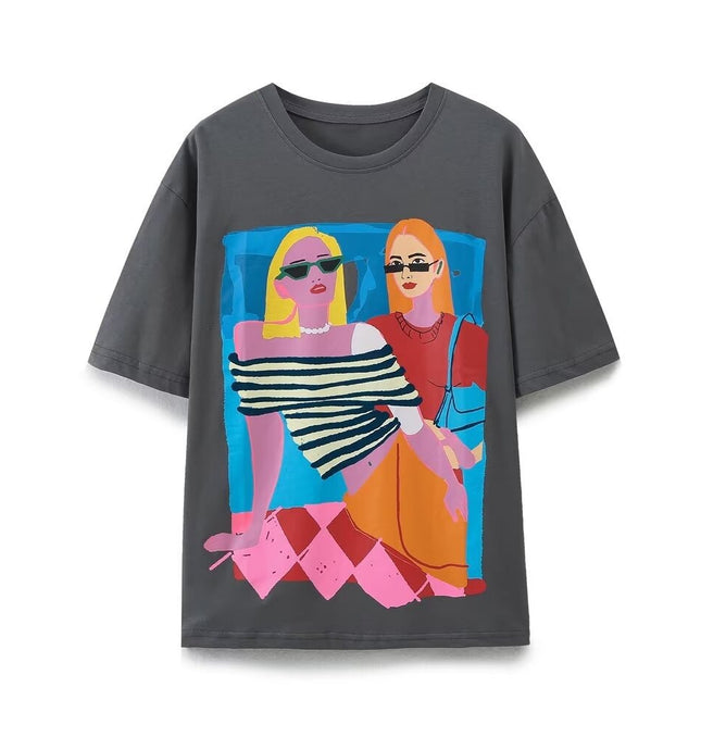 Fashionable printed round neck T-shirt with vibrant graphic of women, short-sleeved, made from relaxed organic cotton.