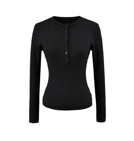 Round Neck Half-Button Knit Sweater in black, featuring a slim-fit design and half-button placket for stylish casual wear.