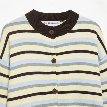 Waist up denim short round neck striped knitted cardigan