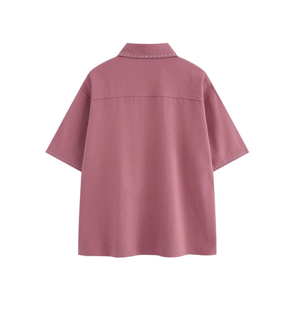 Minimal Casual Loose Short Sleeve Shirt in soft pink color, featuring a loose fit and flip collar.