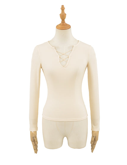 T-shirt à manches longues en V avec bretelles pour femmes