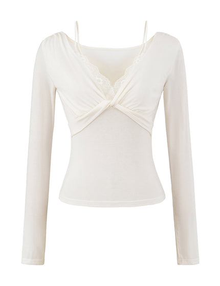 T-shirt à manches longues en dentelle torsadée pour femmes