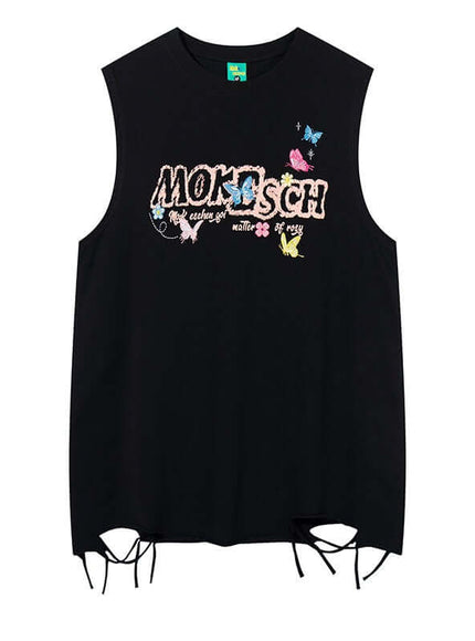 Model wearing Black butterfly letter embroidery vest top by Grozavu