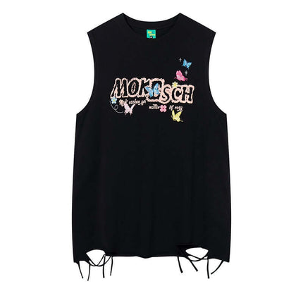 Model wearing Black butterfly letter embroidery vest top by Grozavu