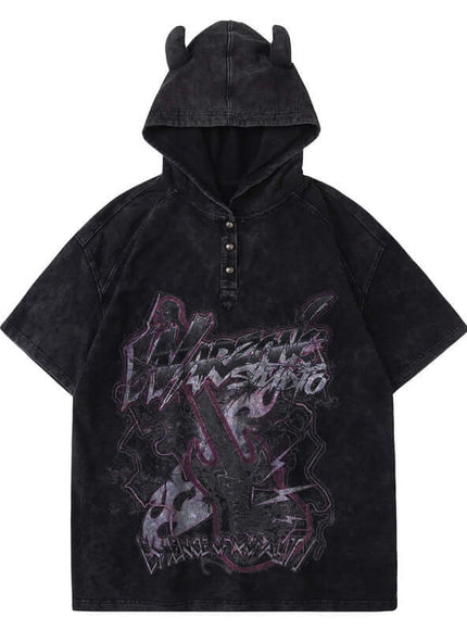 Model wearing Black washed hoodie t-shirt black by Grozavu