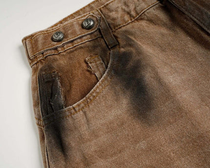 Washed Tie-Dye Distressed Denim Pants Loose Wide-Leg Straight Long Pants