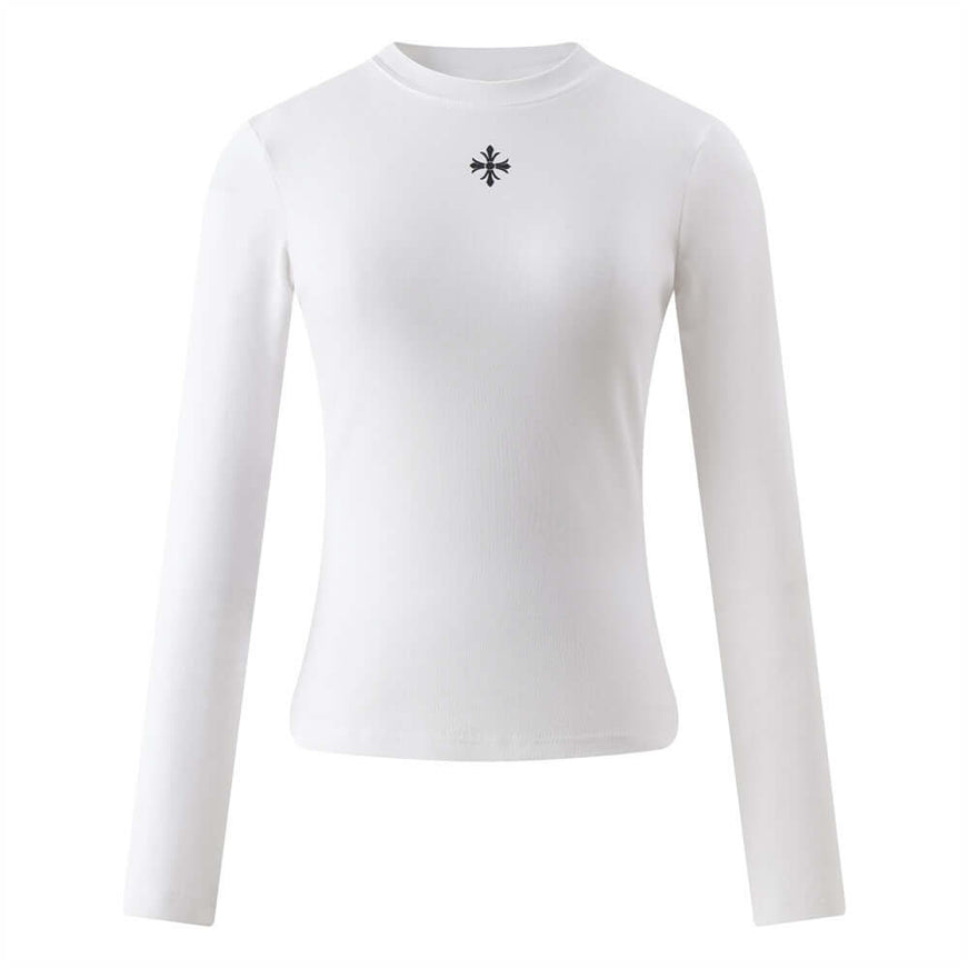 Model wearing White print long sleeve t-shirt basic by Grozavu