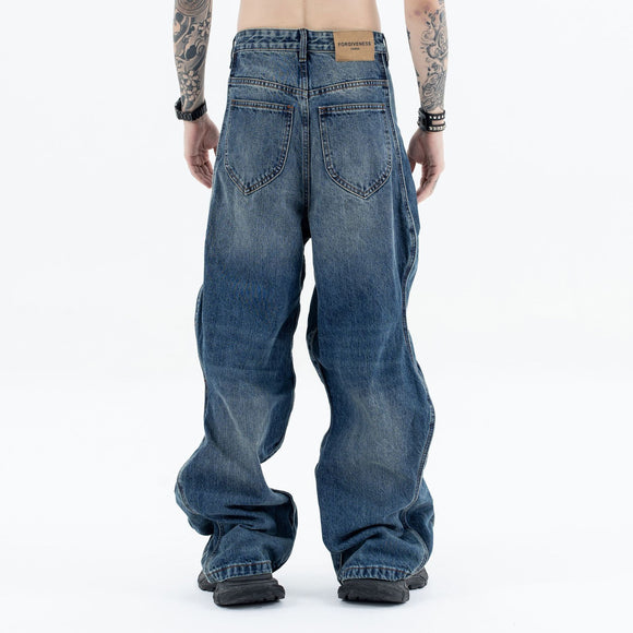 Men's Wave Pants Water Washed Distressed Loose Straight