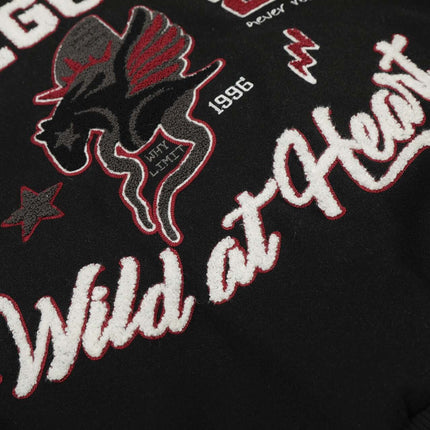 Heavy Embroidery Baseball Jacket – Thick Fit featuring bold embroidery design with 'Wild at Heart' text.