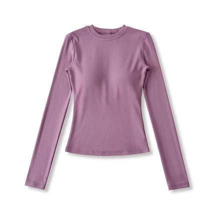 Elastic Vintage Round Neck Padded Long Sleeve T-Shirt Top