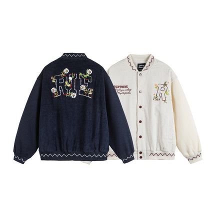 Embroidery Zipper Closure Stand-up Collar  Loose Fit  Baseball Jacket