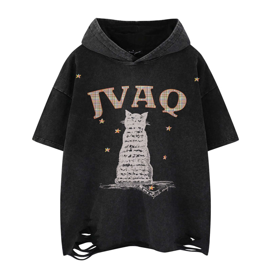 Model wearing Black unique lonely cat hooded top by Grozavu