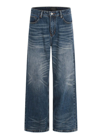 Model wearing Washed Blue make old washed denim leg by Grozavu