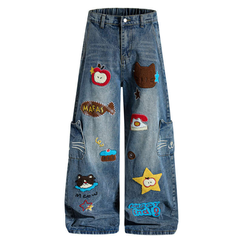 Model wearing Denim Blue velvet cartoon embroidery knife by Grozavu