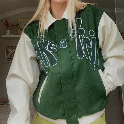 Grozavu's Baseball Jackets: Green PU Leather with Contrast Sleeves at €72.99