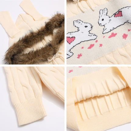 Cute Rabbit Hooded Sweater with Large Fur Collar and Tie for Women