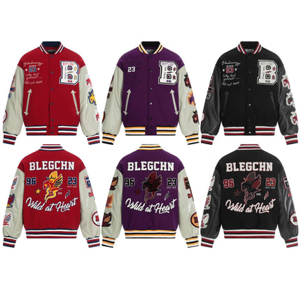 Heavy Embroidery Baseball Jacket – Thick Fit in various colors and designs showcasing bold street-fashion style.