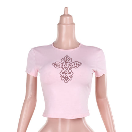 Cross print short sleeved shirt with exposed navel T-shirt for women