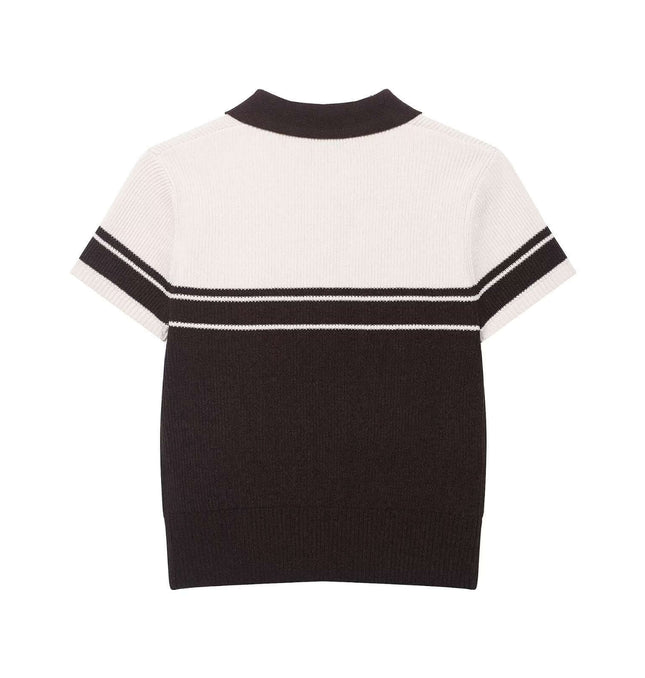 Ribbed knit polo shirt collar short sleeved top