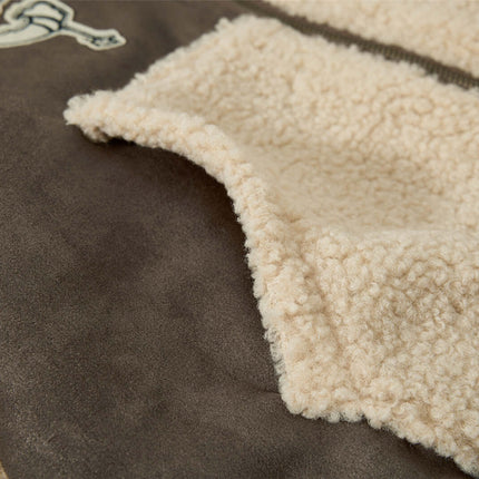 Close-up view of cozy lamb fleece texture on Patchwork Fleece Rabbit Ear Jacket - Loose Fit.