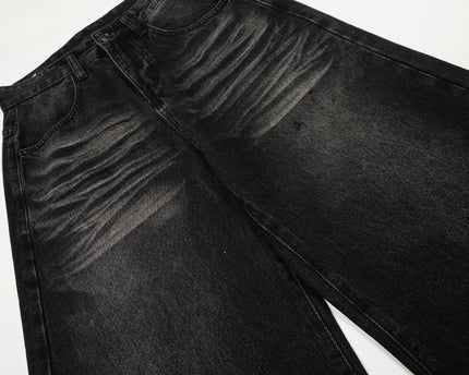 Style Washed Black Vintage Cat-Whisker Pattern Design Loose Knife Cut Jeans