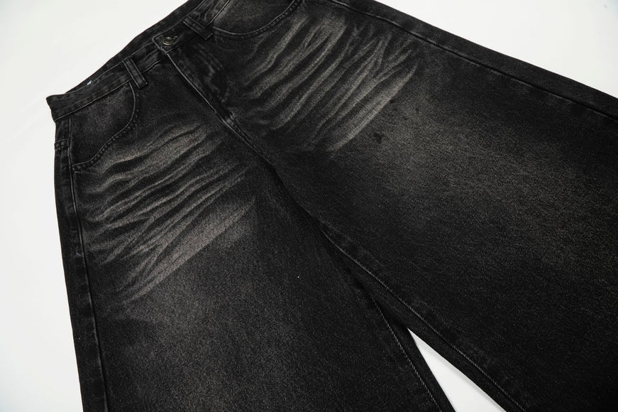 Style Washed Black Vintage Cat-Whisker Pattern Design Loose Knife Cut Jeans