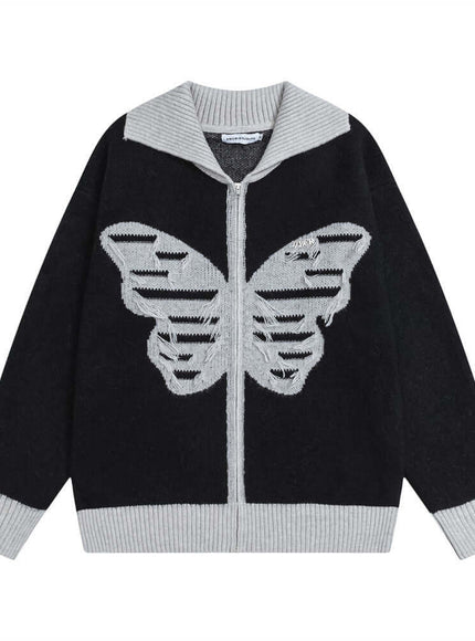 Model wearing Black collar knit cardigan sweater by Grozavu