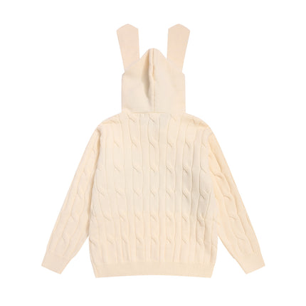 Cute Rabbit Hooded Sweater with Large Fur Collar and Tie for Women