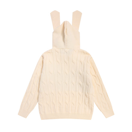 Cute Rabbit Hooded Sweater with Large Fur Collar and Tie for Women