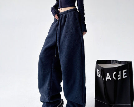 Blue Extra Thick Sherpa Sweatpants for Men and Women Warm Fleece Pants, Straight Loose Fit, Northeast Outdoor Cotton Pants