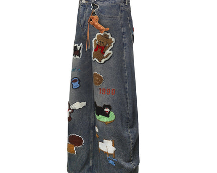 Vintage Cartoon Towel Embroidery Washed Knife-Edge Jeans Pants