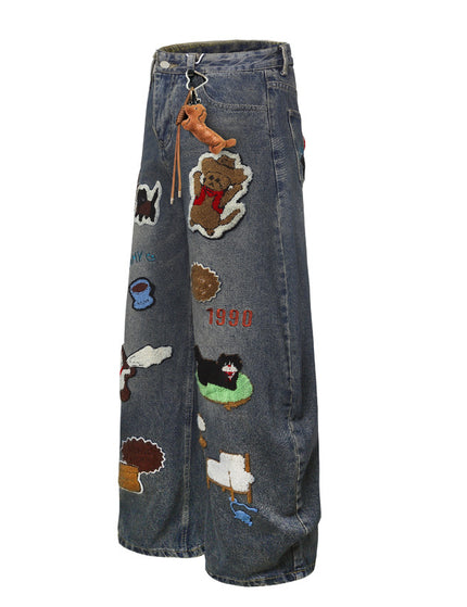Vintage Cartoon Towel Embroidery Washed Knife-Edge Jeans Pants