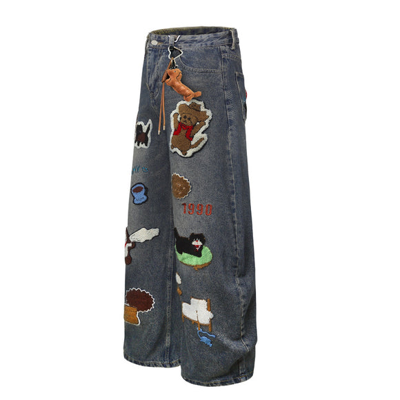 Vintage Cartoon Towel Embroidery Washed Knife-Edge Jeans Pants