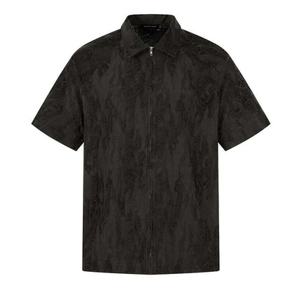 Distressed Short Sleeve Shirt - Loose Fit featuring a modern design with a zipper, perfect for casual streetwear.