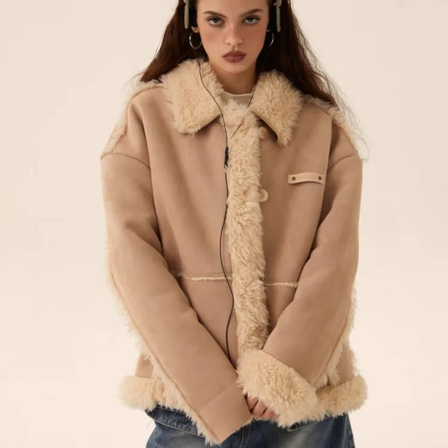 Fashion Women Lamb Wool Coat Fur Intergrated Single Breasted Thickening And Blushing Parkas Jackets Winter