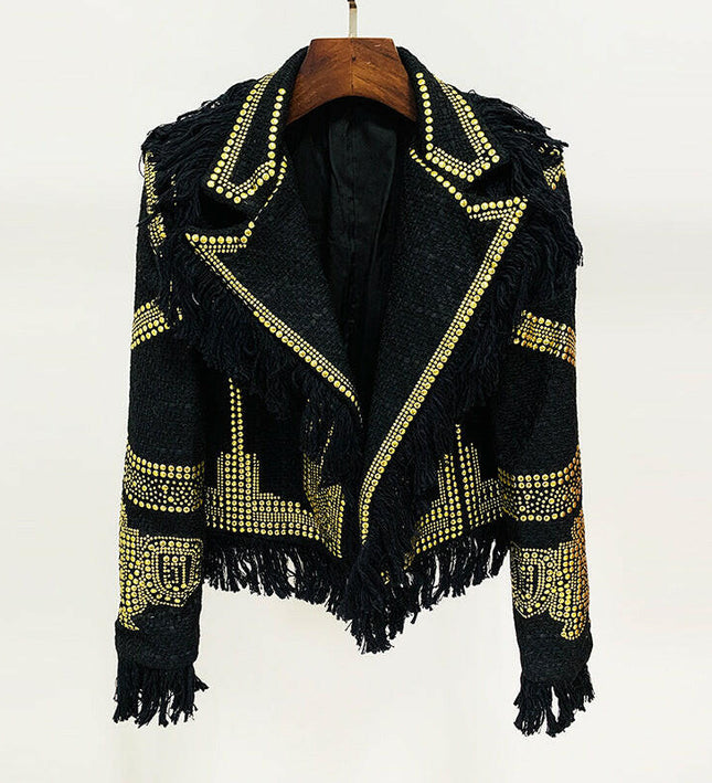 Blazer de tweed de Grozavu: cuello con muescas y flecos de remaches metálicos para el estilo otoñal