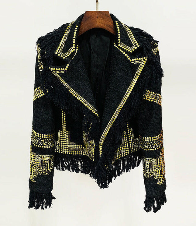 Grozavu's Tweed Blazer: Notched Collar with Metal Rivet Fringe for Autumn Style