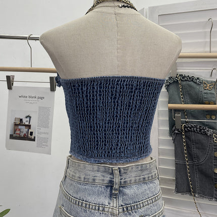 Débardeur sans bretelles ajusté en denim avec boucle