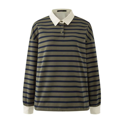 Striped Lapel Polo Shirt in olive green with navy stripes and a white collar, offering casual yet stylish comfort.
