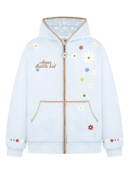 Close-up of Apricot floral embroidery hooded sweatshirt fabric