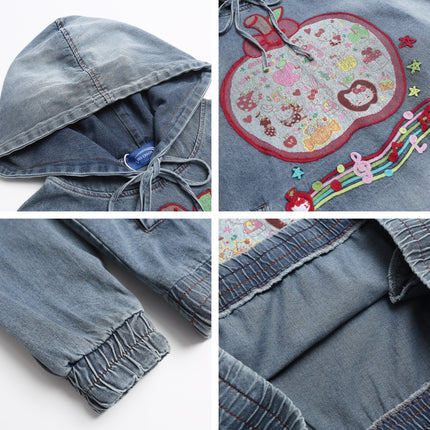 Gewaschene Patchwork Denim Kapuzenpullover – Lockere Passform mit Reißverschluss