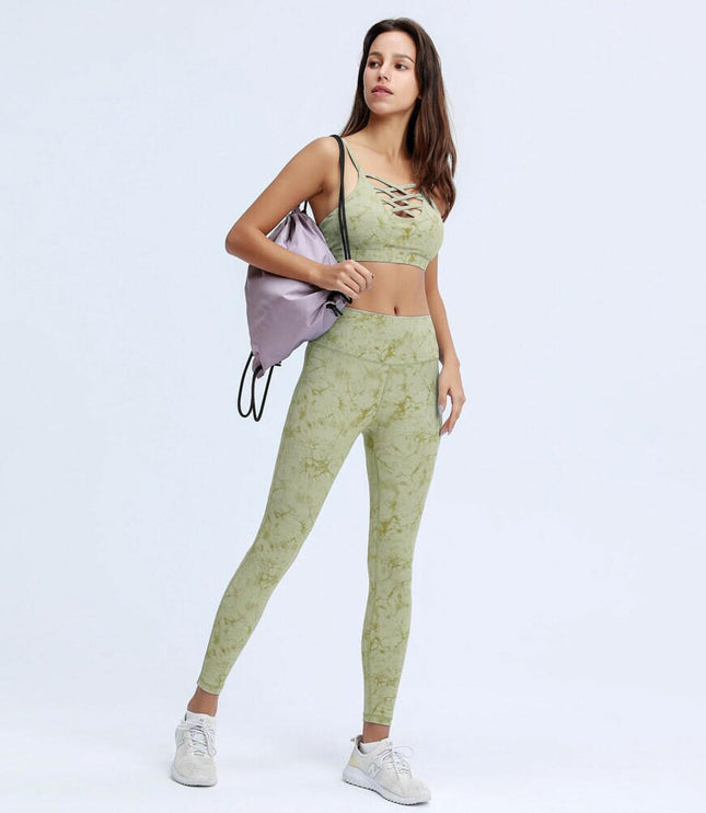 New Yoga Set 2 Pcs Tie Dye Sport Leggings Top Push-up Bra Booty Scrunch Tights Women Sportwear