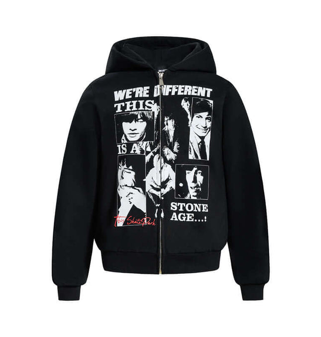 Vintage Band Portrait Print Zip-up Hoodie, Unisex Streetwear Design, Regular Fit, Wide Short Sleeve, Casual Outerwear