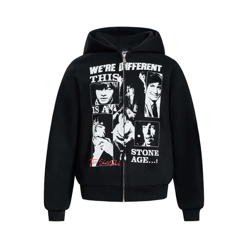 Front view of Band Portrait Print Zip Hoodie, - Grozavu brand streetwear