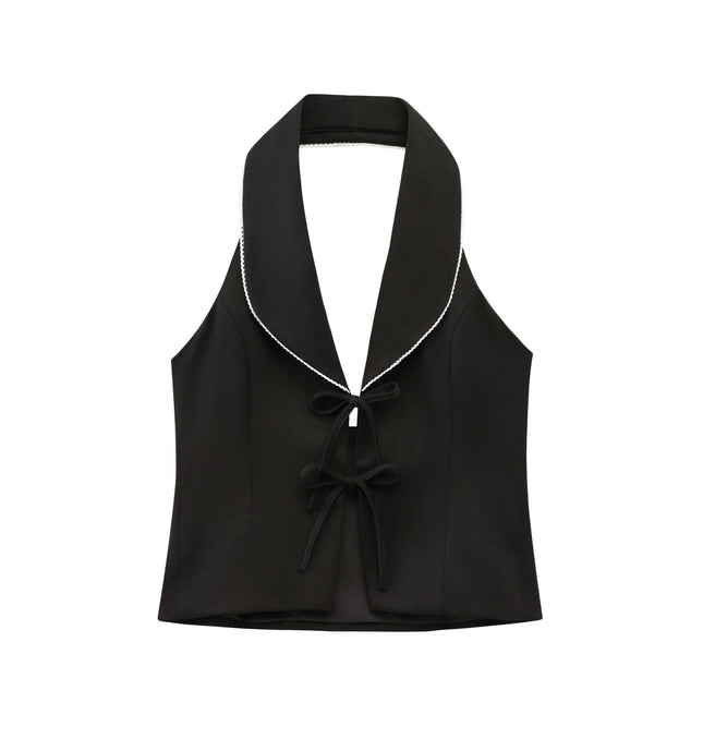 Front view of Sleeveless Bow Decoration Patchwork Neck - Grozavu brand streetwear