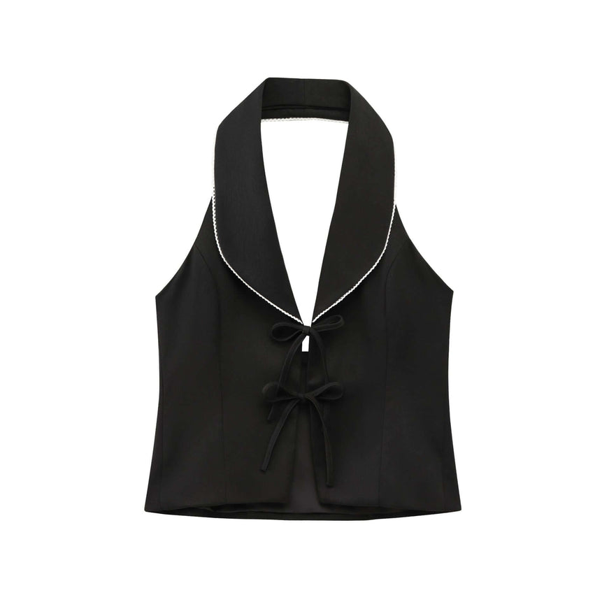 Model wearing black sleeveless bow decoration patchwork neck by Grozavu